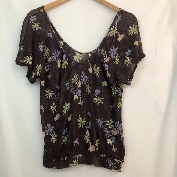 FREE PEOPLE Brown Periwinkle Floral Ribbed Knit V-Neck Short Sleeve Y2K Blouse - Picture 4 of 11